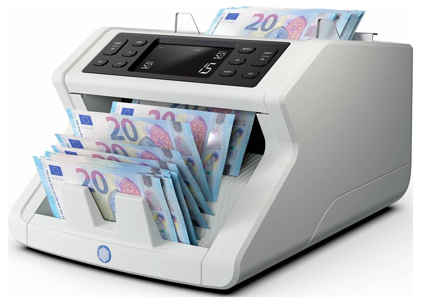 Ein elektronisches Zählgerät zählt Euro-Banknoten. Es zeigt eine LCD-Anzeige und bietet Schlitze zur Einfuhr und Ausgabe der Scheine.