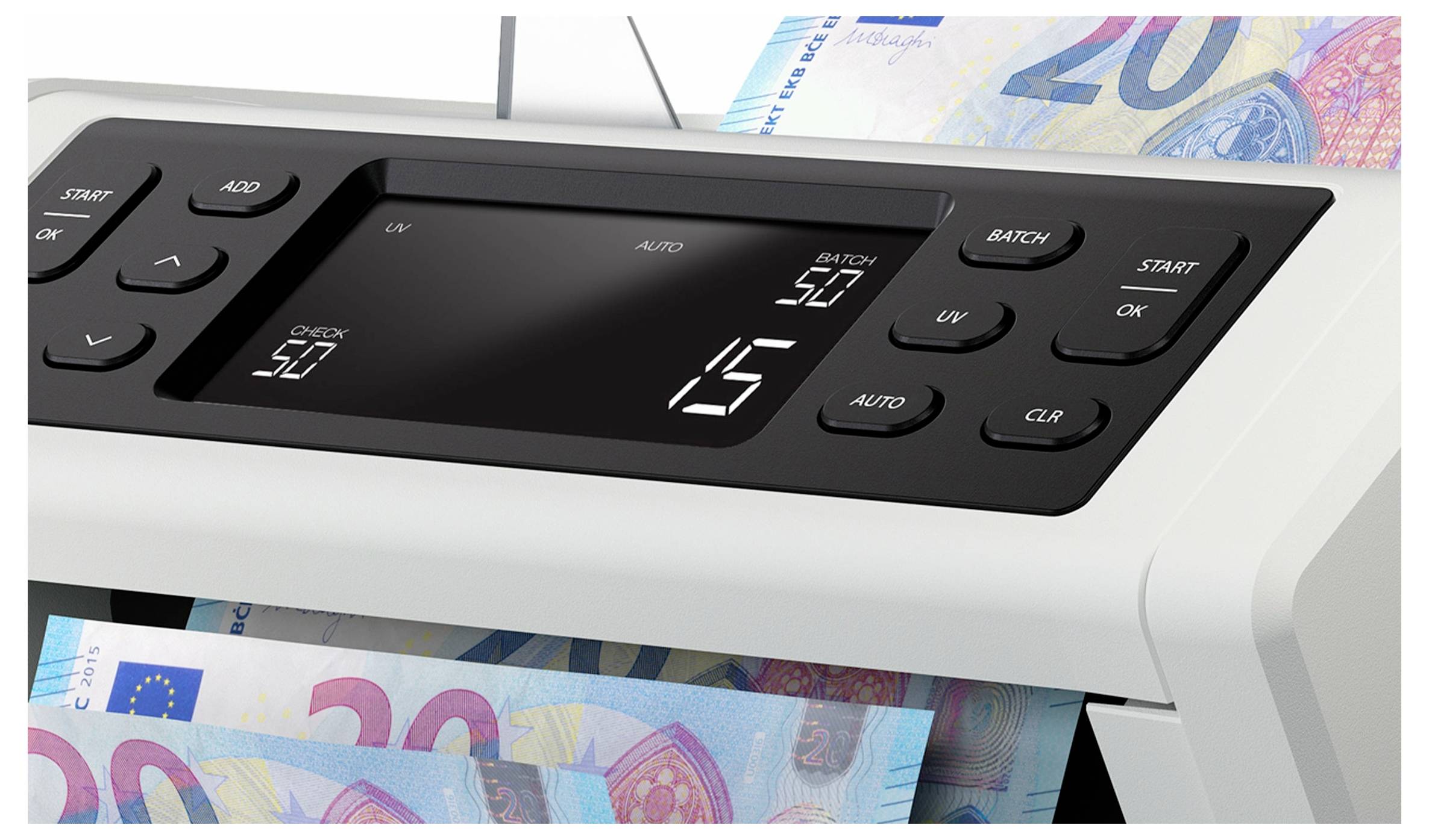 Geldzählmaschine zählt Euro-Banknoten, auf dem Display ist die Zahl '50' und unten '15' zu sehen.