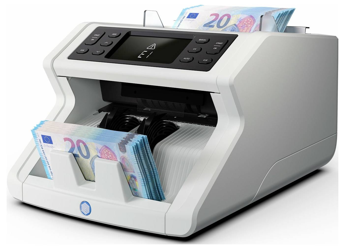 Eine Geldzählmaschine zählt mehrere Bündel 20-Euro-Scheine, die aus dem Ausgabefach herauskommen.