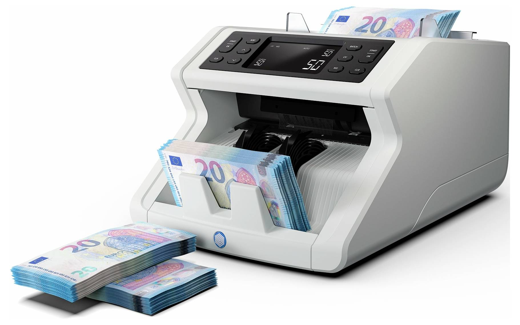 Geldzählmaschine zählt 20-Euro-Scheine. Stapel von Euroscheinen liegen neben der Maschine.