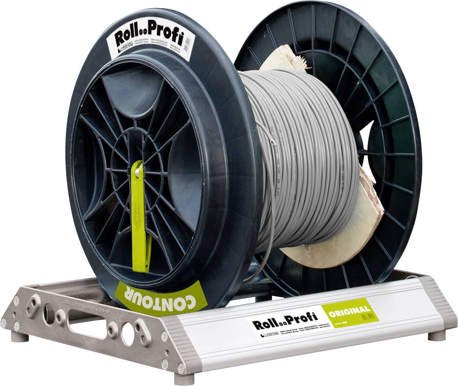 Eine große Kabelrolle auf einem speziellen Abroller, beschriftet mit 'Roll..Profi'.