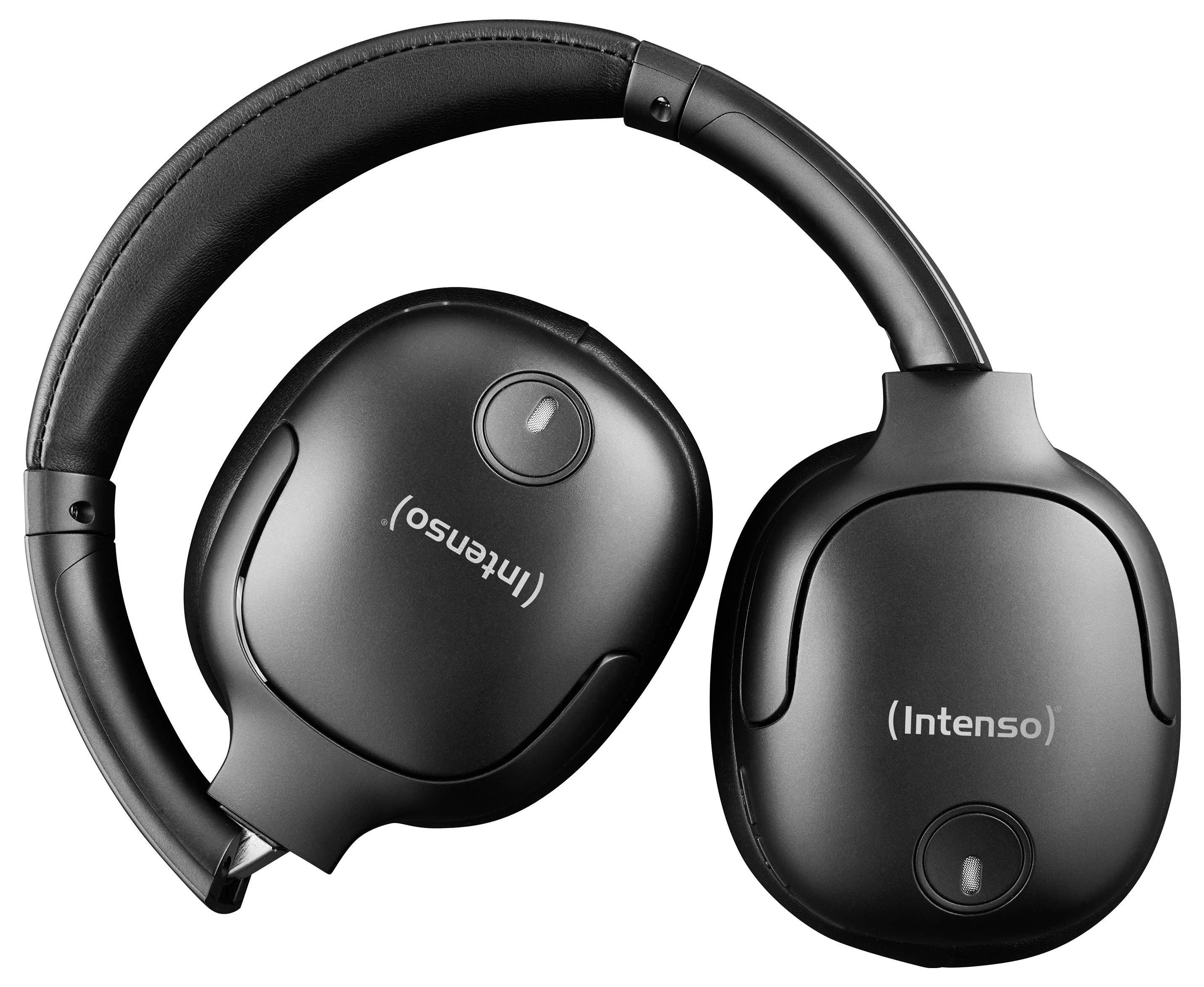 Schwarze Over-Ear-Kopfhörer der Marke Intenso, auf einer hellen Fläche liegend, mit gepolstertem Kopfbügel und sichtbaren Ohrmuscheln.