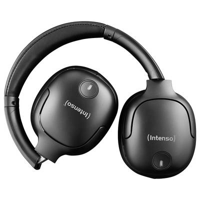 Schwarze Over-Ear-Kopfhörer der Marke Intenso, auf einer hellen Fläche liegend, mit gepolstertem Kopfbügel und sichtbaren Ohrmuscheln.