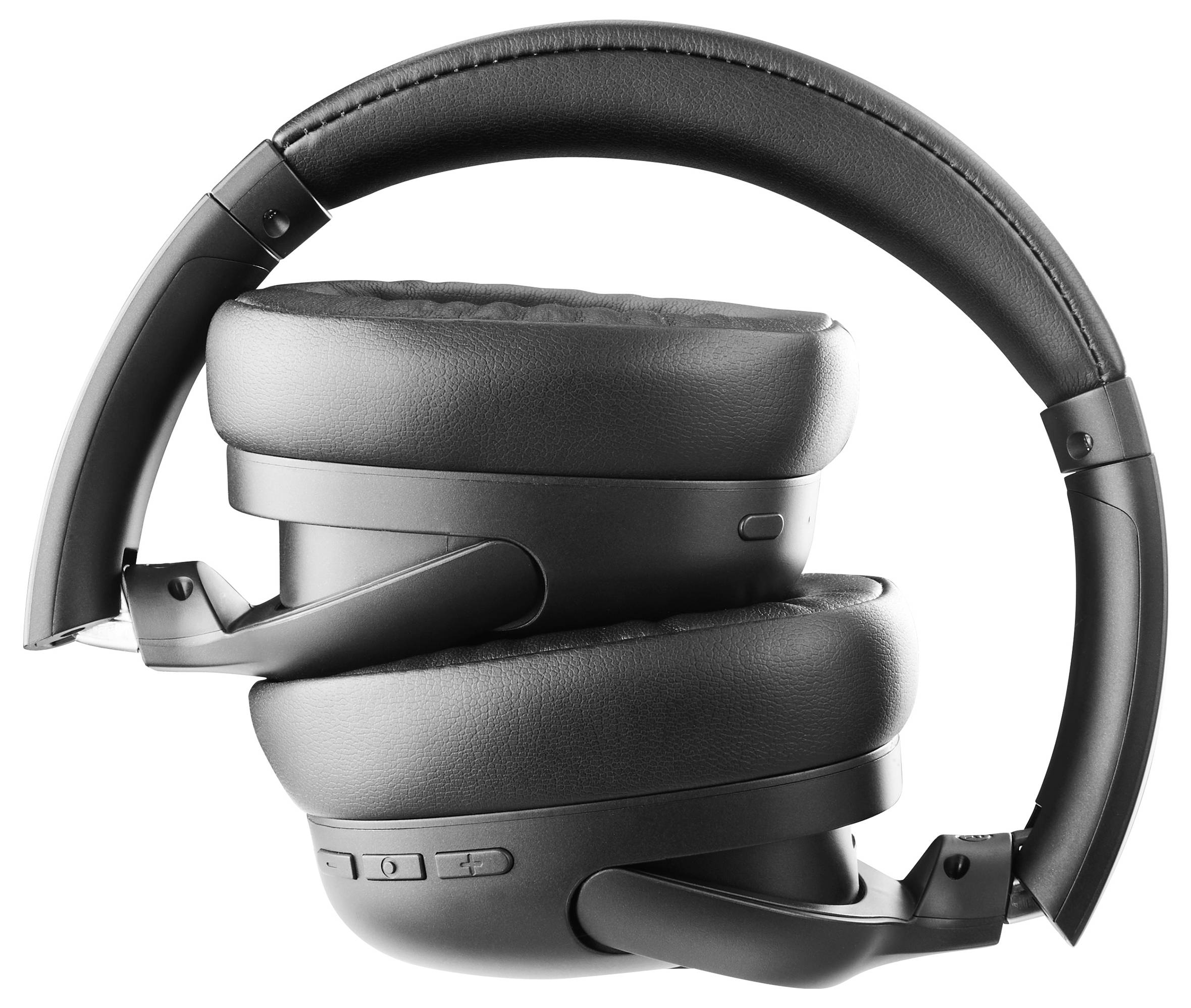Ein schwarzer, zusammenklappbarer Kopfhörer mit gepolsterten Ohrmuscheln und einem gepolsterten Bügel, abgebildet in seitlicher Ansicht.