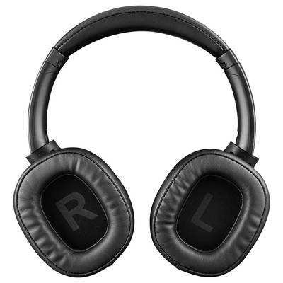 Schwarze Over-Ear-Kopfhörer aus Lederimitat, zeigen die Buchstaben 'R' und 'L' auf den Ohrmuscheln zur Kennzeichnung rechts und links.