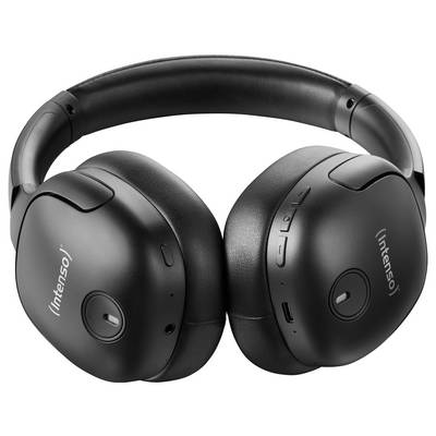 Schwarze kabellose Over-Ear-Kopfhörer der Marke Intenso, mit Bedienelementen und Anschlüssen auf einer Seite.