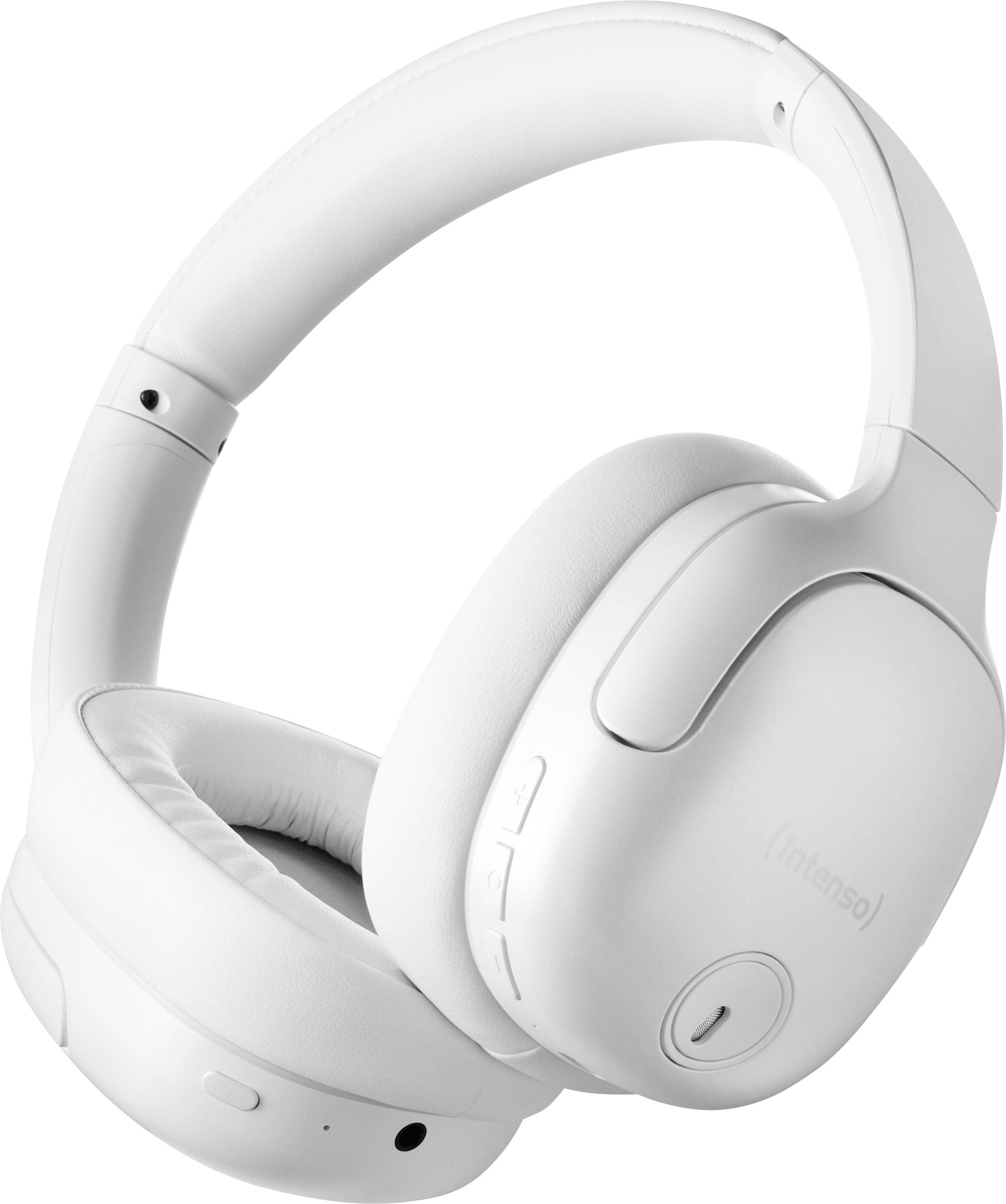Weiße, kabellose Over-Ear-Kopfhörer mit gepolsterten Ohrmuscheln und Bedienelementen an der Seite, auf hellem Hintergrund.