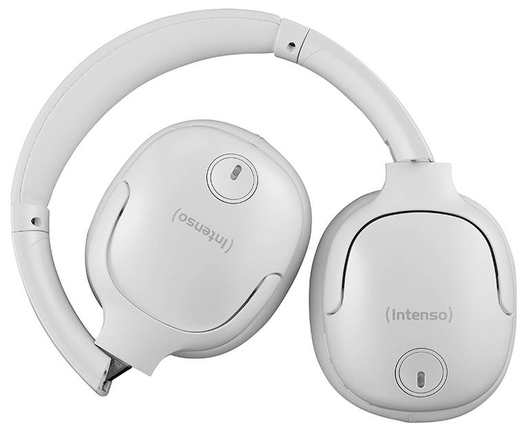Ein Paar zusammenklappbare weiße Over-Ear-Kopfhörer der Marke Intenso auf weißem Hintergrund.