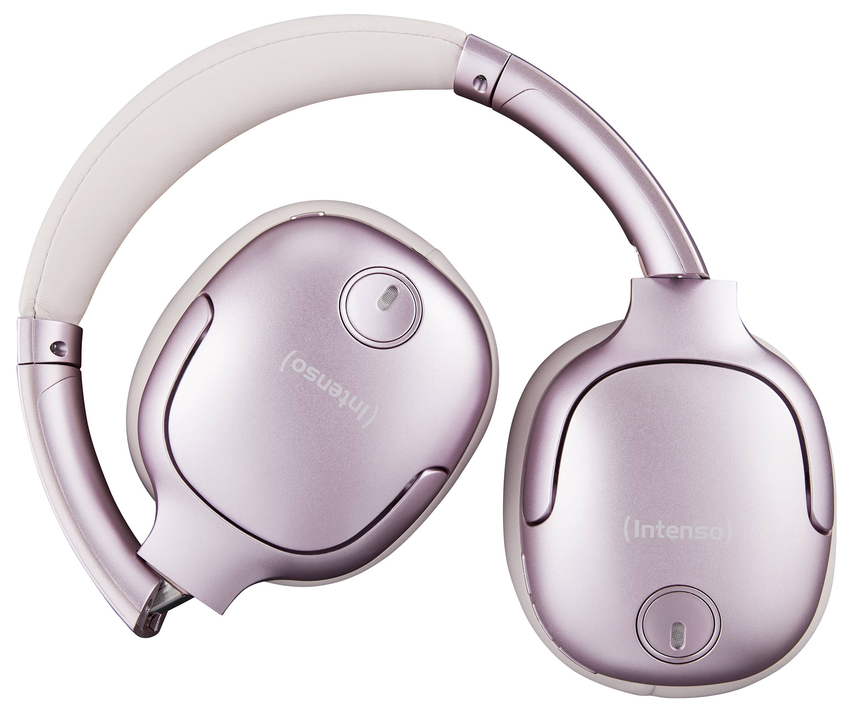 Kopfhörer in rosa Farbe, zusammengefaltet, vor weißem Hintergrund. Markenname 'Intenso' sichtbar auf der Ohrmuschel.