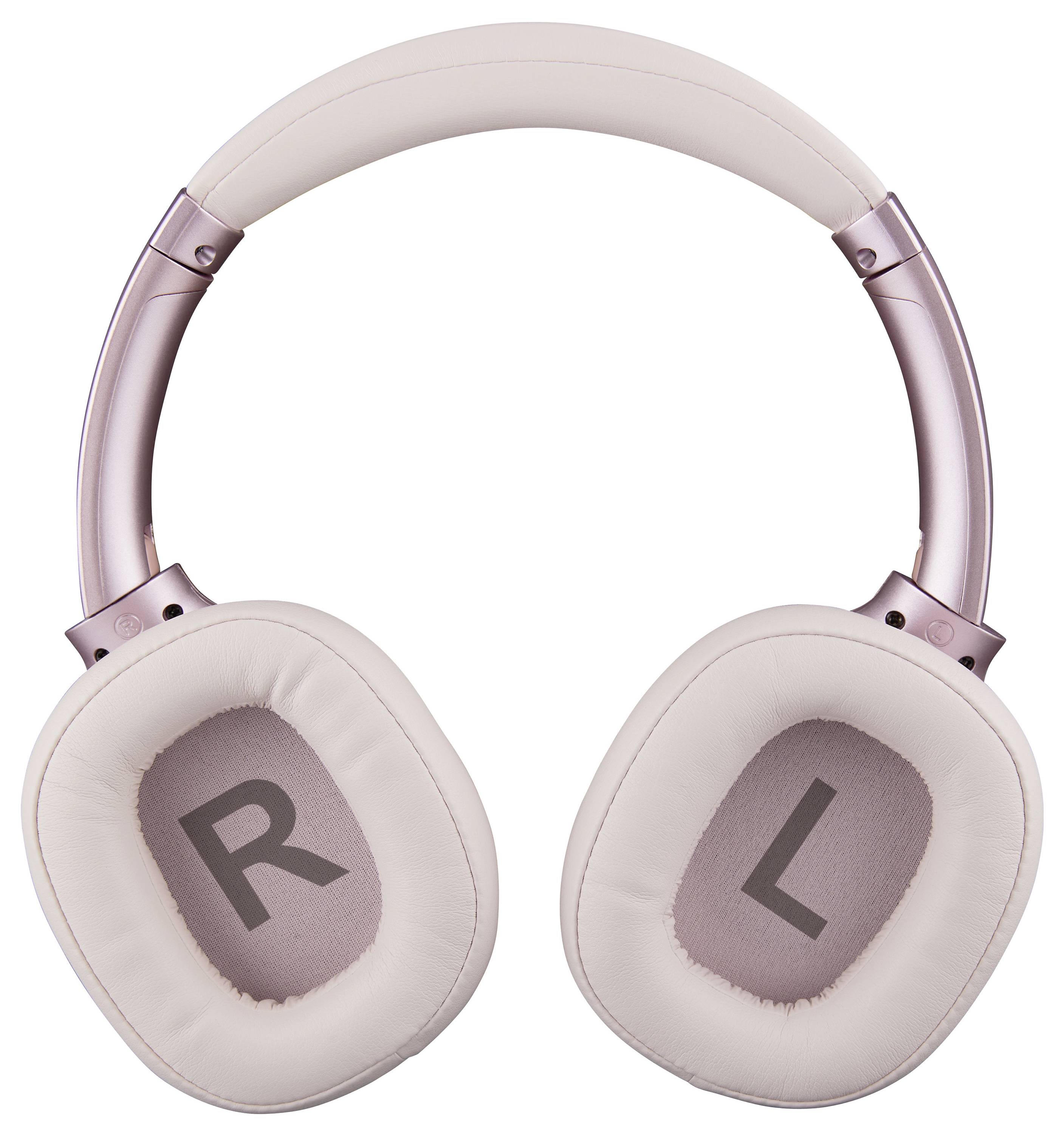 Rosa Over-Ear-Kopfhörer mit gepolsterten Ohrmuscheln, auf denen innen die Buchstaben 'R' und 'L' für rechts und links stehen.