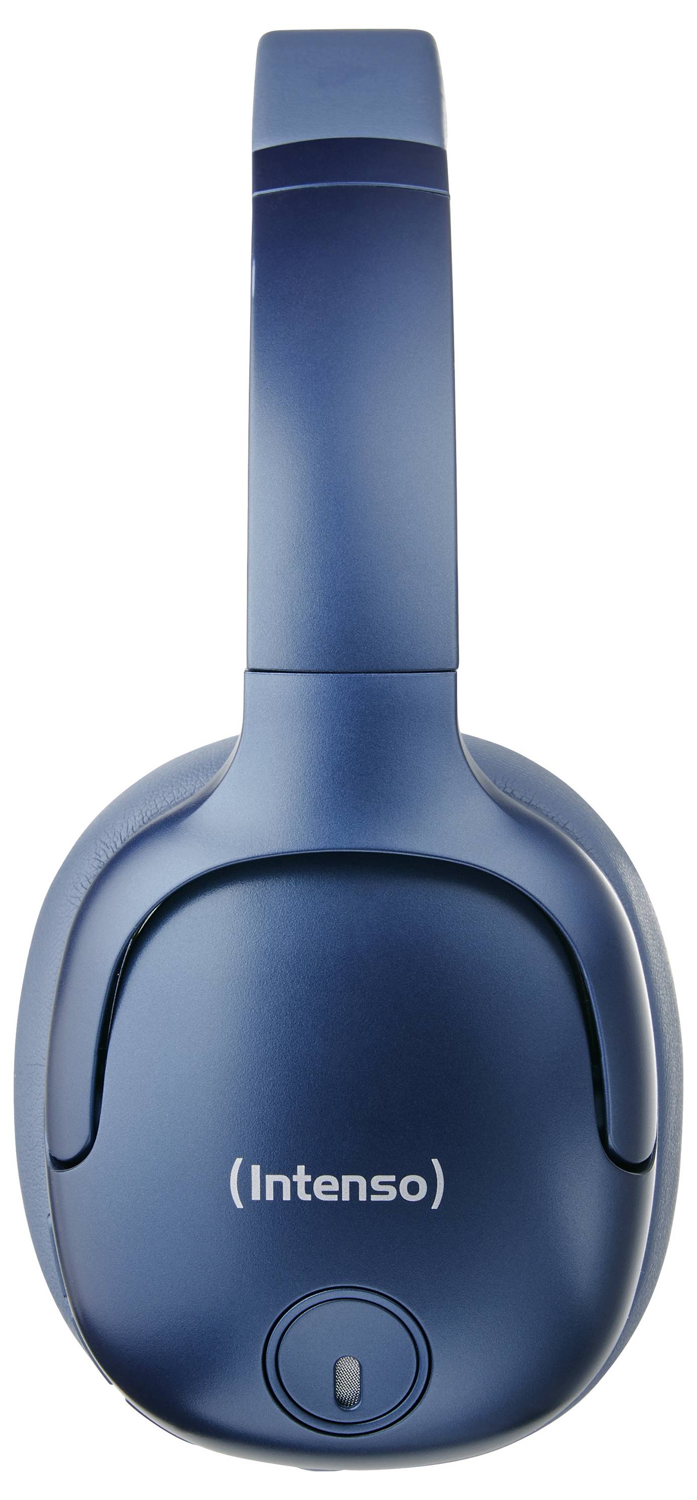 Ein blaues Bluetooth-Headset von Intenso mit Over-Ear-Design und geräuschisolierenden Ohrmuscheln.