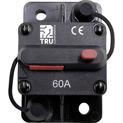 Ein schwarzer 60A-Sicherungshalter von TRU Components mit rotem Schalter, CE-Kennzeichnung und zwei Anschlussklemmen.