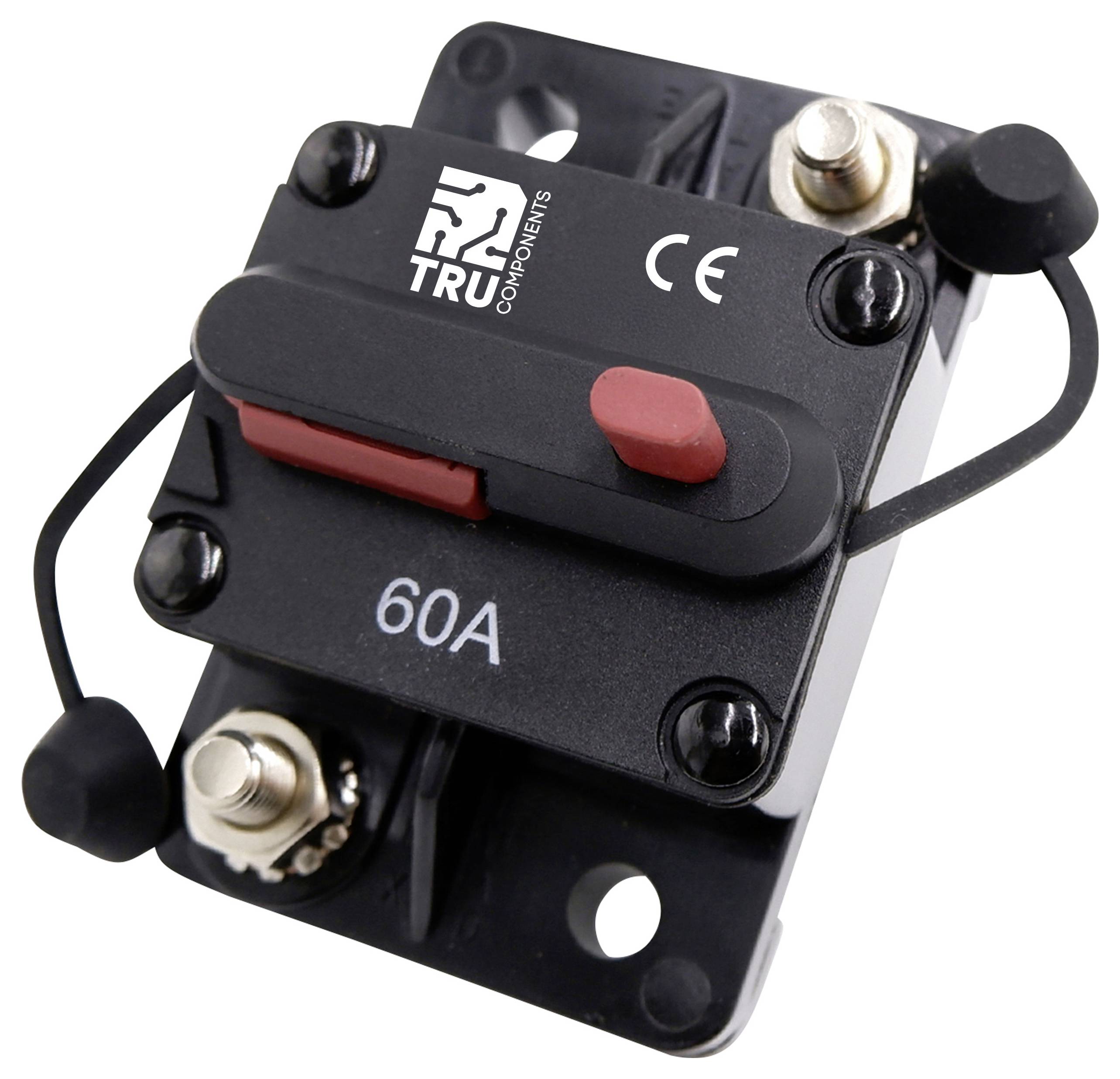 Schwarzer 60A-Sicherungsschalter mit rotem Auslöseknopf, zwei Anschlüssen und TRU Components-Logo, verwendet für Stromkreisschutz.