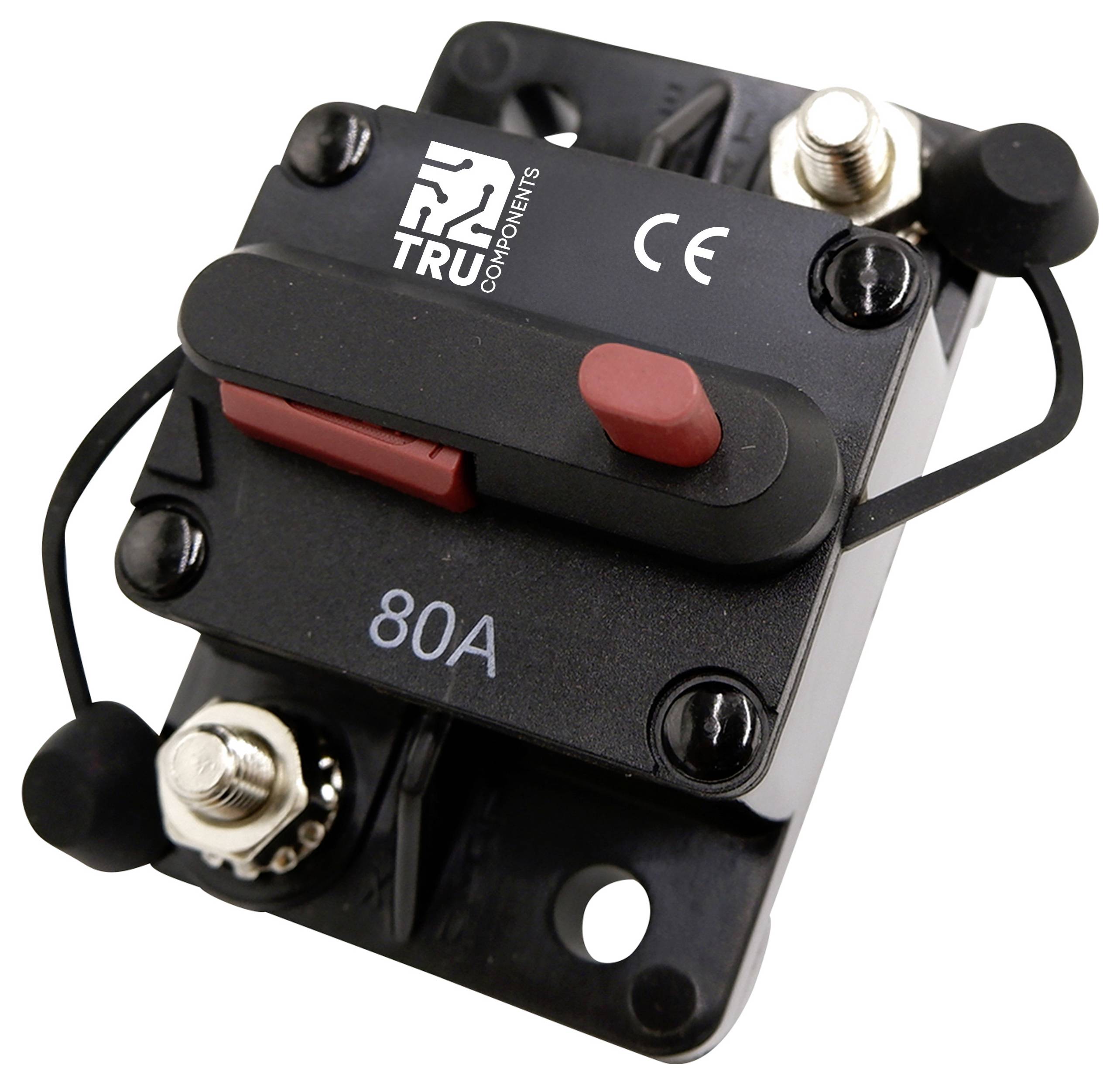 Schwarzer 80A-Sicherungsschalter mit rotem Hebel, silbernen Schraubkontakten und CE-Kennzeichnung, montierbar auf schwarzem Grund.