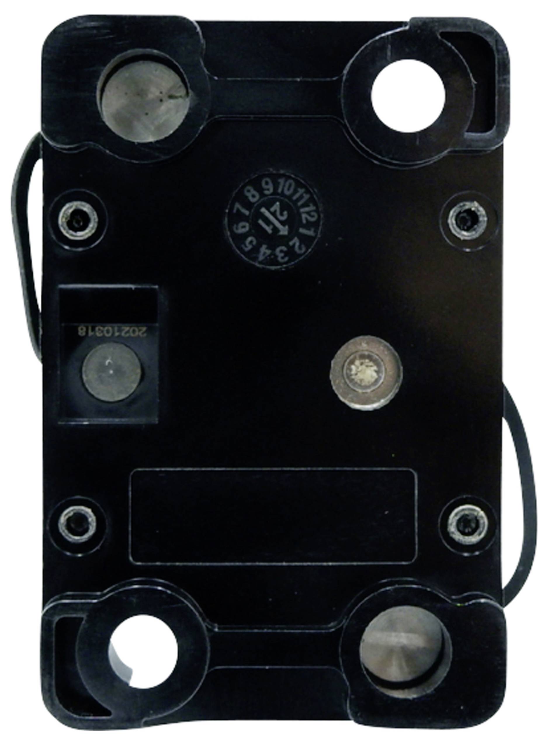 Ein schwarzes rechteckiges Bauteil mit mehreren Schraubenlöchern und elektrischen Kontakten, möglicherweise ein Stecker oder Sensor.