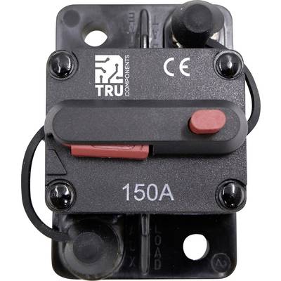 Schwarzer elektrischer Sicherungsautomat mit rotem Schalter, Aufschrift '150A', Markenlogo 'TRU Components', CE-Symbol oben.