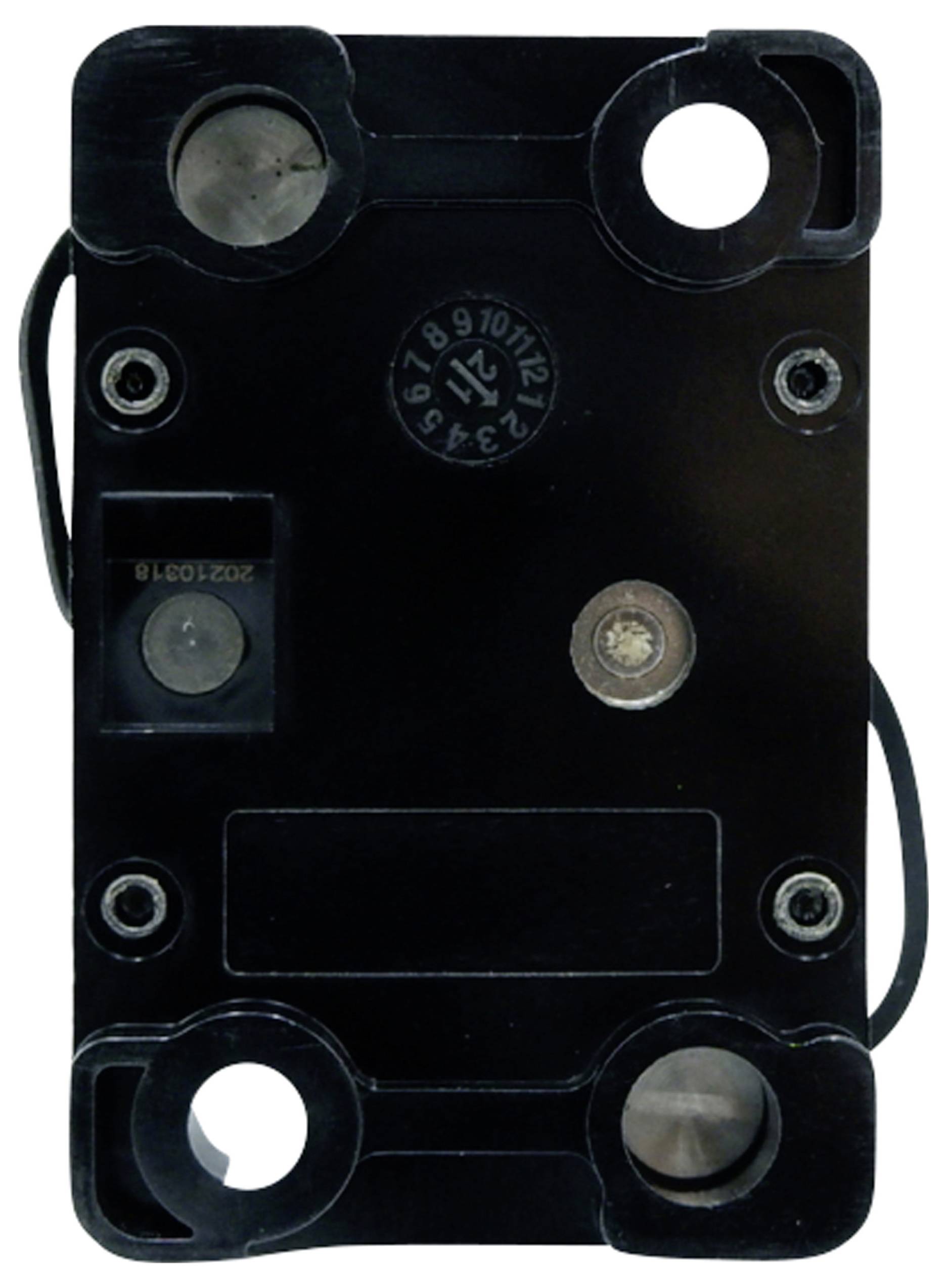 Schwarze elektronische Komponente mit mehreren Schraubenlöchern und einem zentralen Anschluss, möglicherweise ein Sensor.