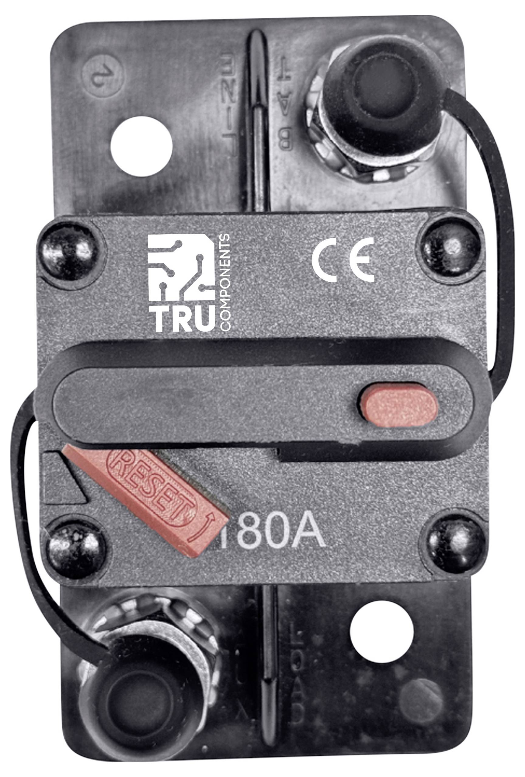 Ein schwarzer 80A-Schalter von TRU Components mit rotem Reset-Knopf. Geeignet für elektrische Sicherung und Schutz. CE-gekennzeichnet.
