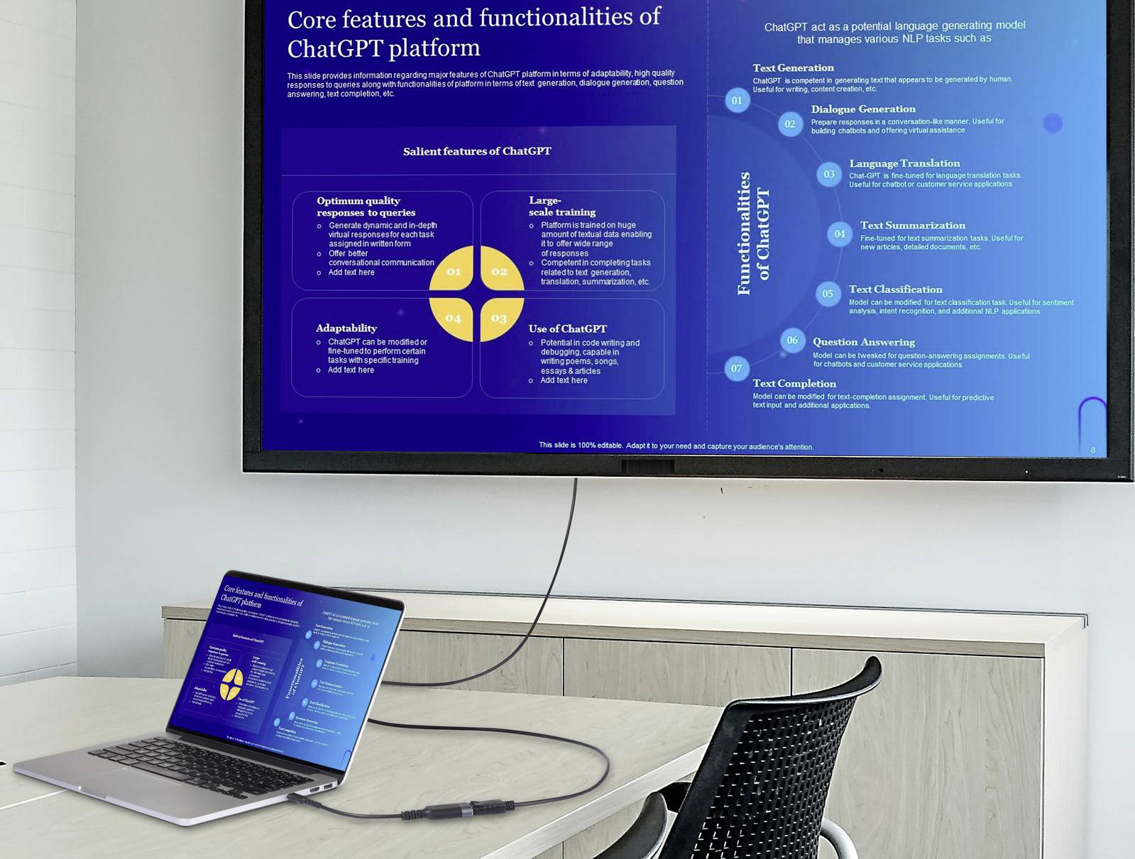 Ein Laptop zeigt eine Präsentationsfolie zur Plattform ChatGPT auf einem Bildschirm. Die Folie beschreibt Funktionen und Merkmale.