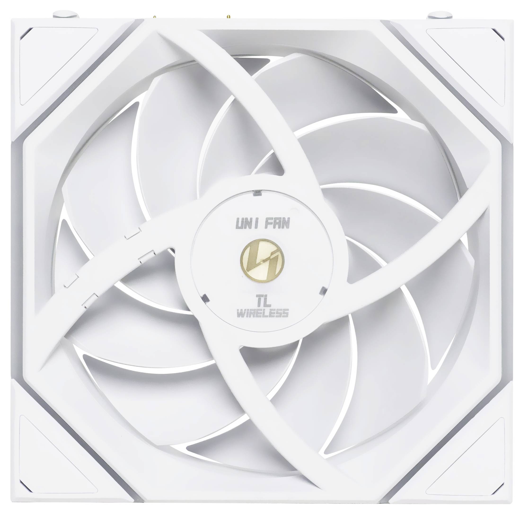 Ein weißer Lüfter mit neun Blättern und laut Aufschrift 'UNI FAN TL WIRELESS', quadratische Form, geeignet zur Computerkühlung.
