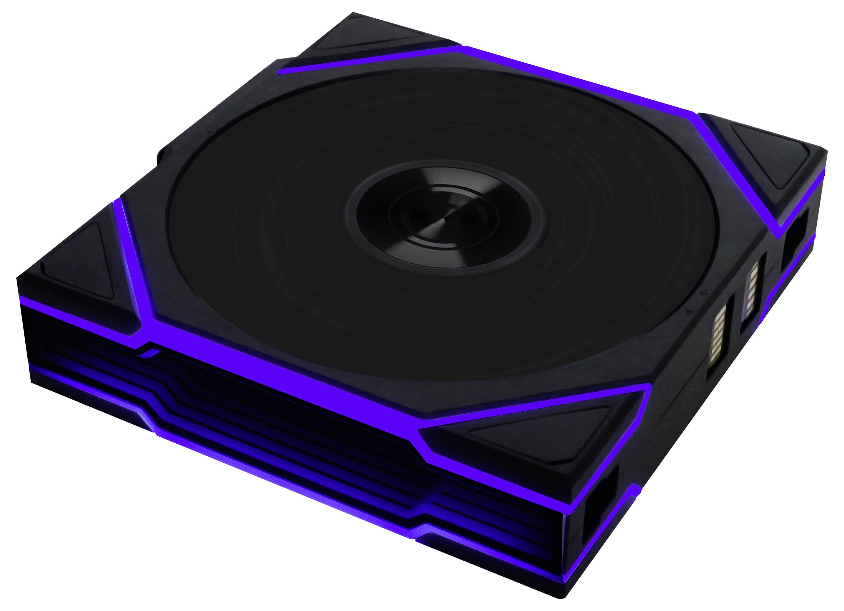 Ein schwarzer Lüfter mit blauen LED-Akzenten, quadratische Form mit gerundeten Ecken, und zwei USB-Anschlüsse an der Seite.