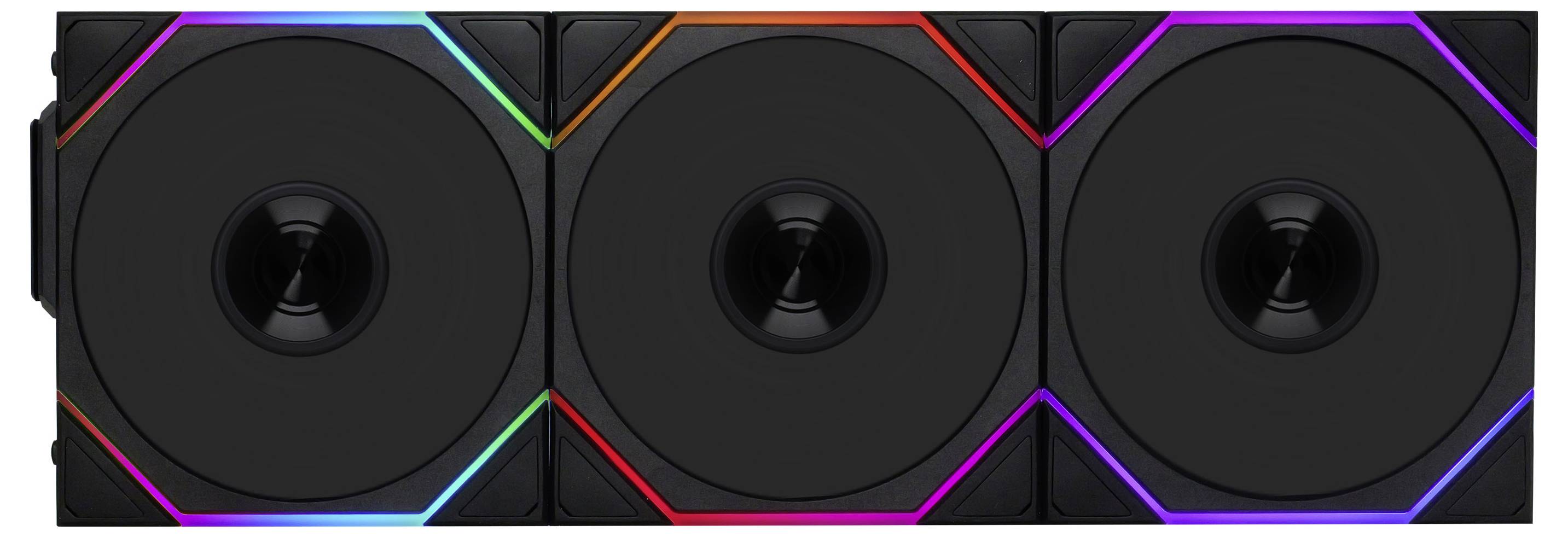 Drei schwarze Lüfter mit bunten LED-Streifen, die an den Rändern leuchten, wahrscheinlich Teil einer Computer-Hardware-Komponente.