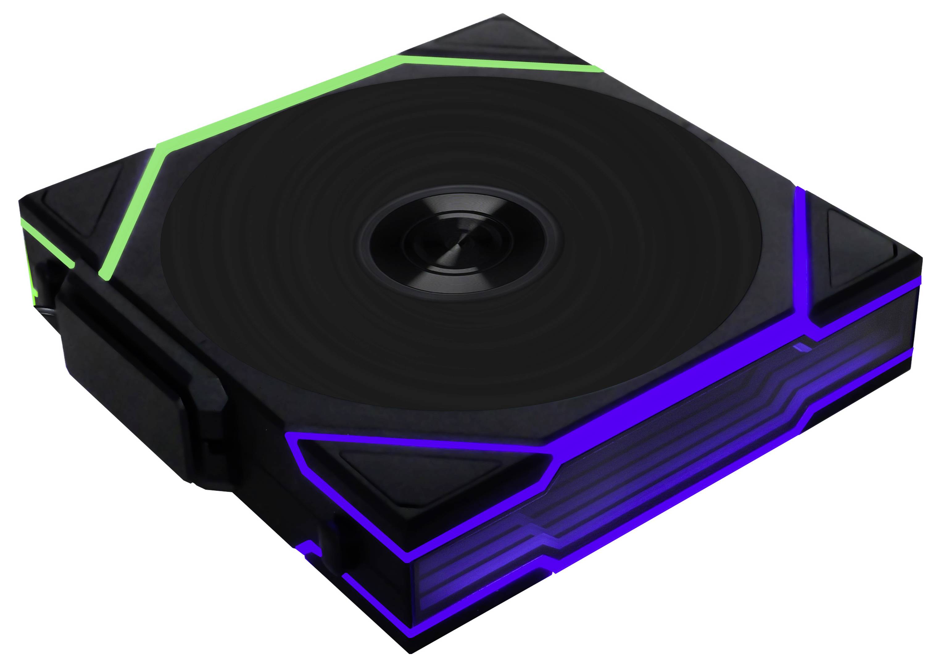 Ein quadratischer, schwarz-glänzender Lautsprecher mit neon-grünen und neon-blauen Akzenten, die an den Rändern leuchten.