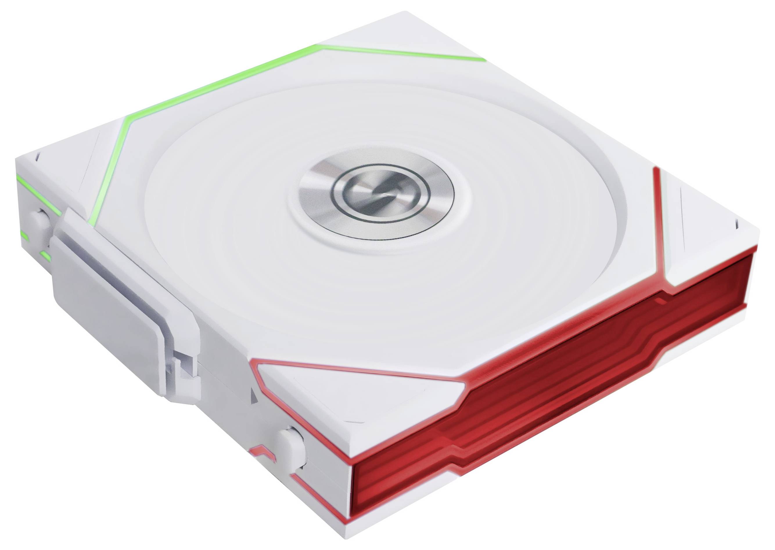 Ein quadratisches, weißes Gerät mit roten Akzenten und einem zentralen silbernen Knopf. Es könnte eine techbezogene Funktion haben.