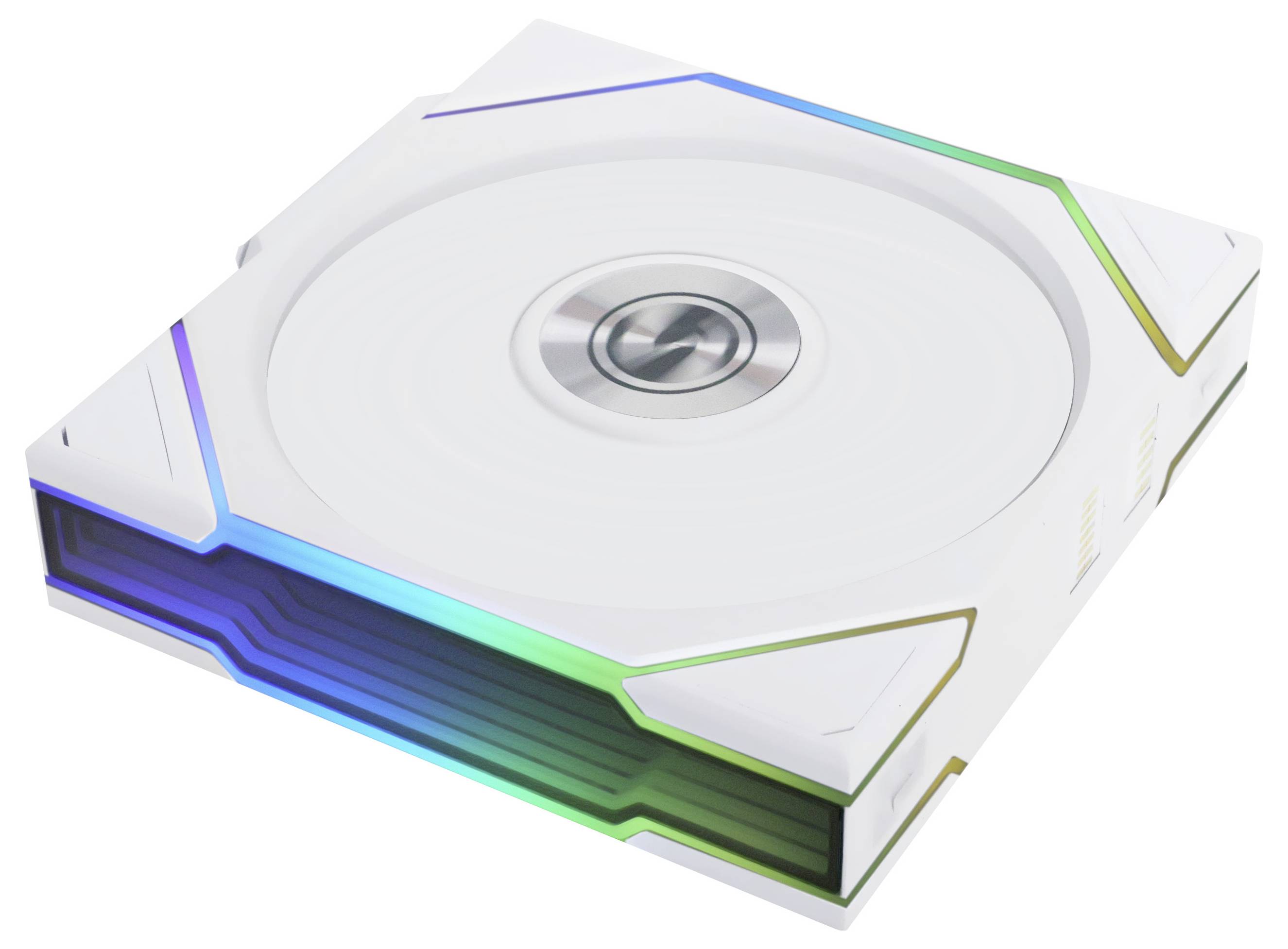 Ein weißer Würfel mit metallischem Kreis oben, umsäumt von leuchtenden LED-Streifen in Blau und Grün. Das Design wirkt futuristisch.