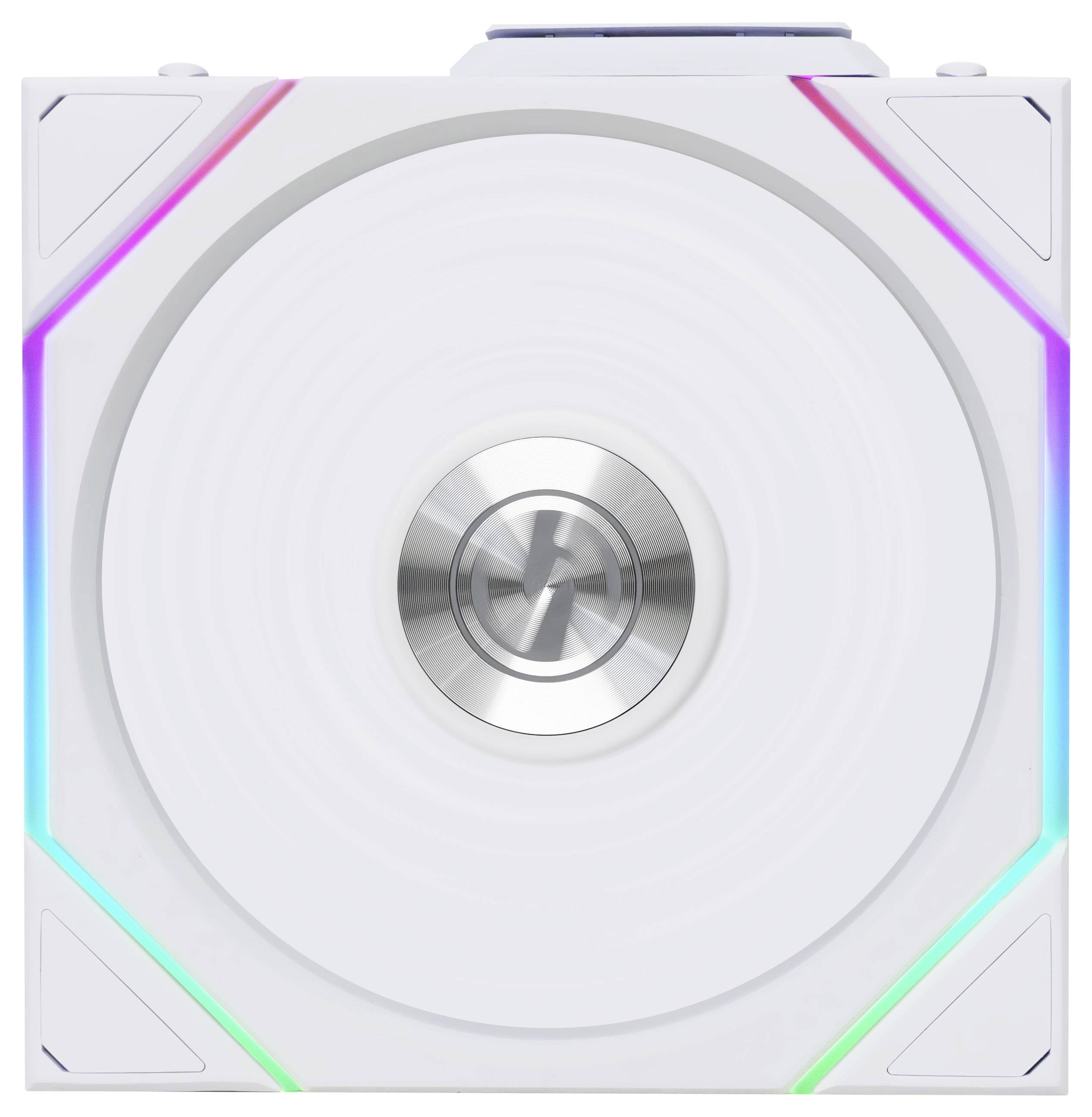 Weißer Computerlüfter mit sichtbarem Markenlogo in der Mitte und farbiger LED-Beleuchtung an den Ecken, zeigt technisches Design.