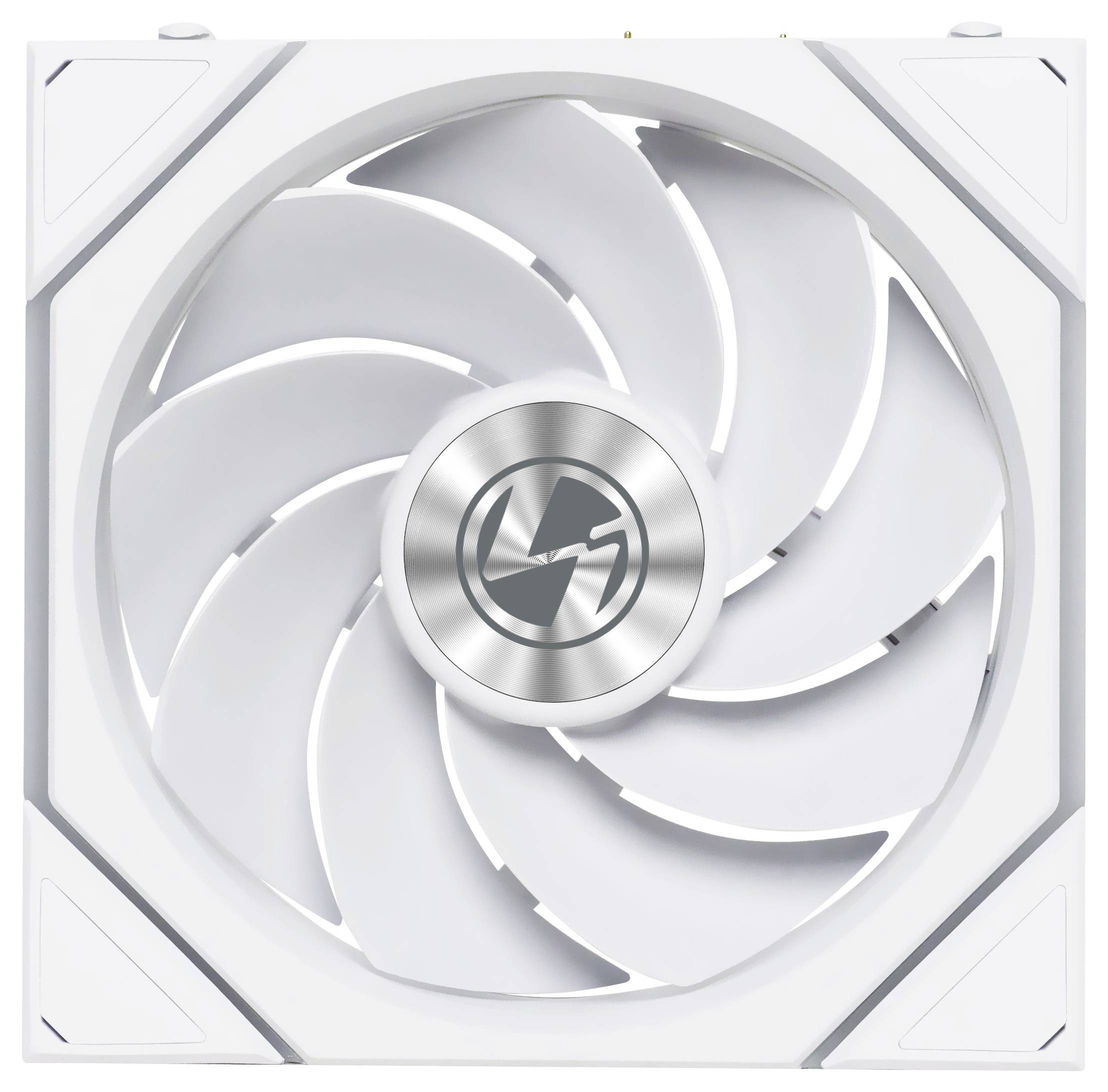 Ein weißer, quadratischer Computerlüfter mit einem kreisförmigen Logo in der Mitte zeigt gebogene Flügel für Luftzirkulation.