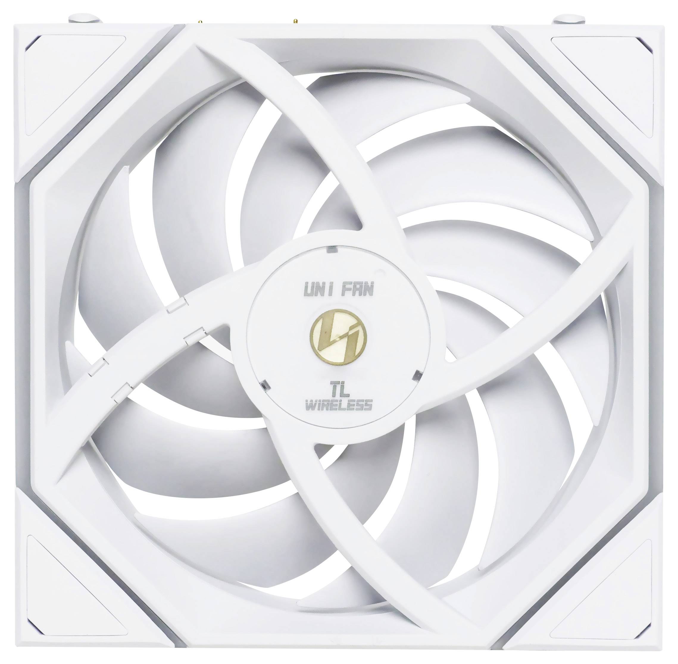 'Weiße Computerlüfter von Lian Li, Modell Uni Fan TL Wireless, mit sechseckigem Gehäuse und spiralförmigen Flügeln.'