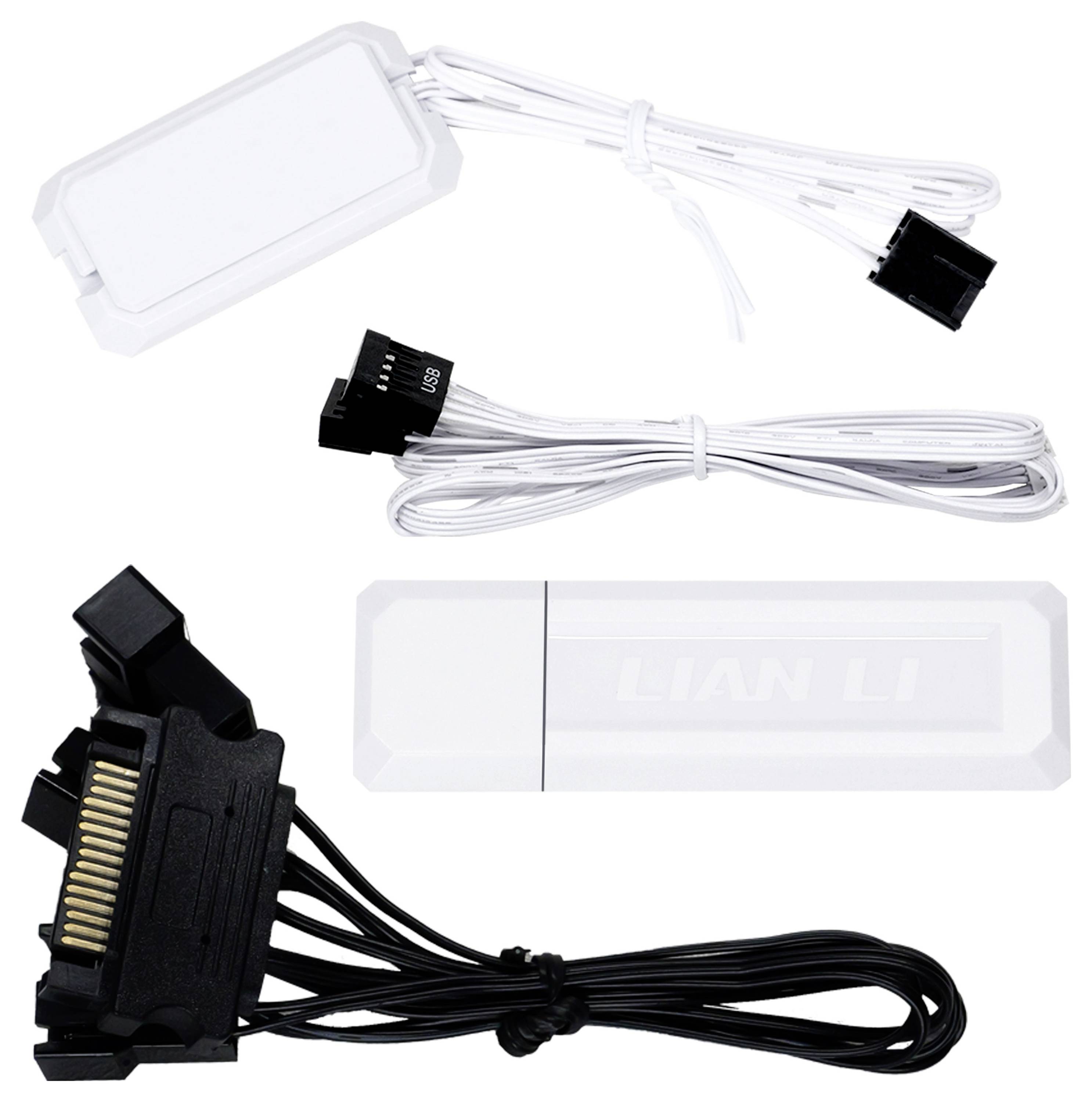Weißes Computerkabel-Set mit Anschlussadaptern und Markenaufschrift 'LIAN LI', geeignet für PC-Hardware-Anschlüsse.