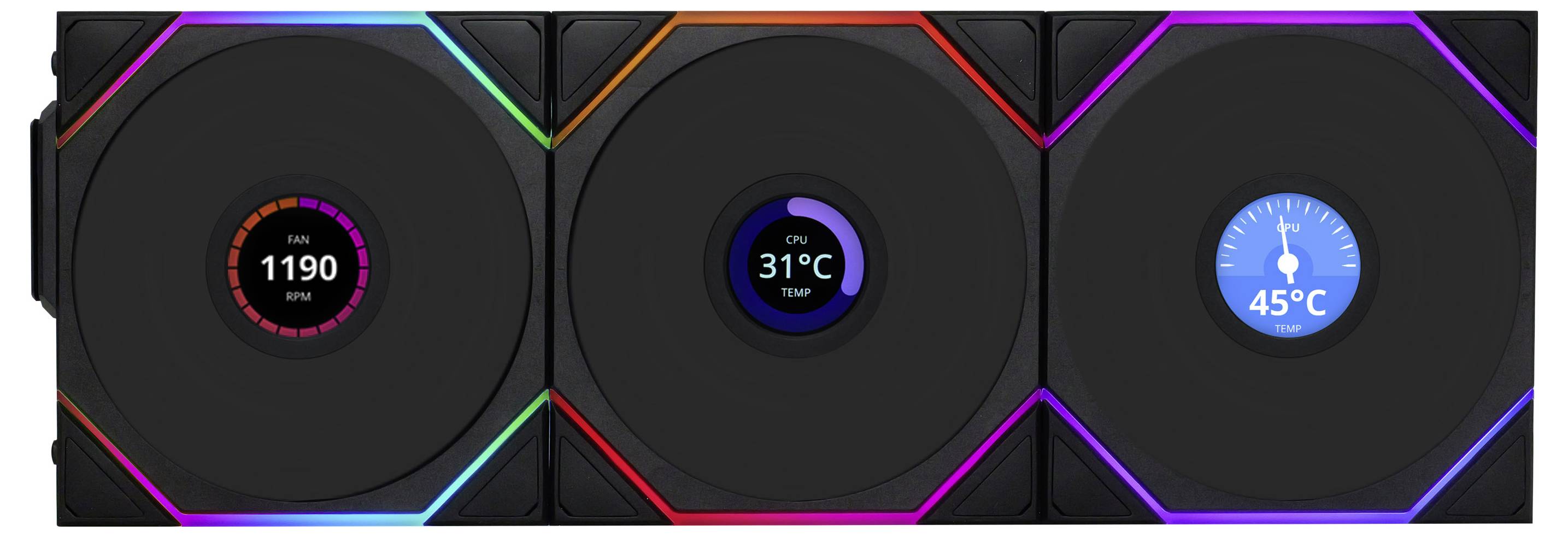 Drei runde Anzeigen auf einer technischen Oberfläche zeigen: links '1190 RPM', Mitte '31°C Temp', rechts '45°C'. Bunte LED-Leisten rahmen die Anzeigen.