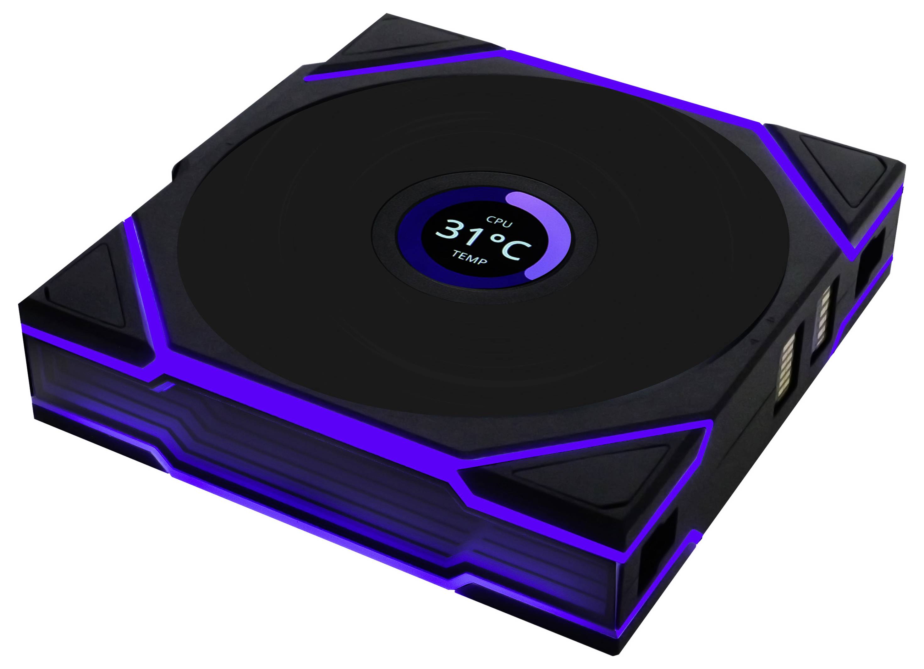 Externe Kühleinheit mit blauer LED-Beleuchtung und Anzeige der CPU-Temperatur bei 37°C. Gerät hat zwei USB-Anschlüsse an der Seite.