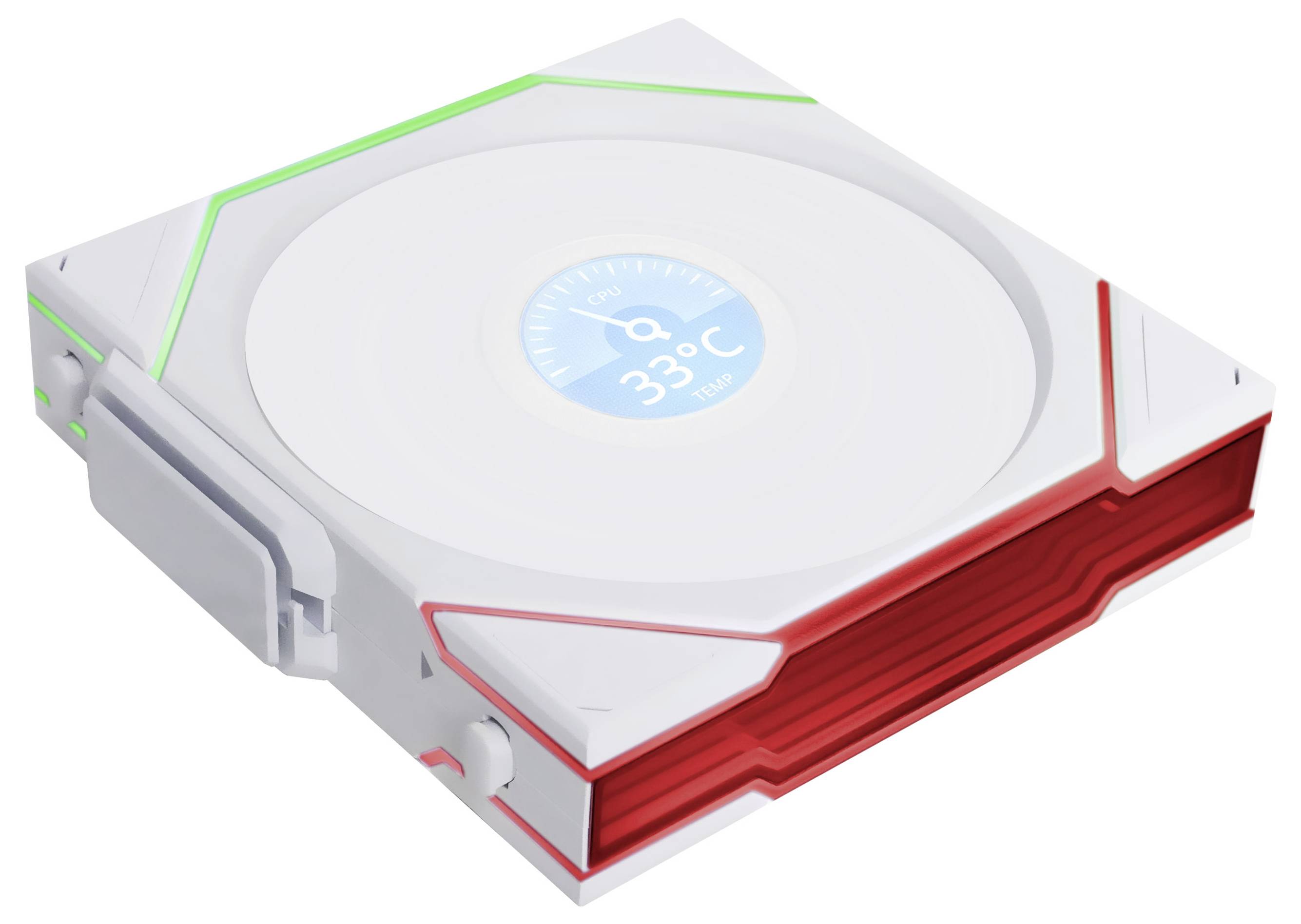 Ein futuristisches Thermometer bei 33°C. Weißes quadratisches Design mit roten und grünen Akzenten, digitaler Bildschirm oben.