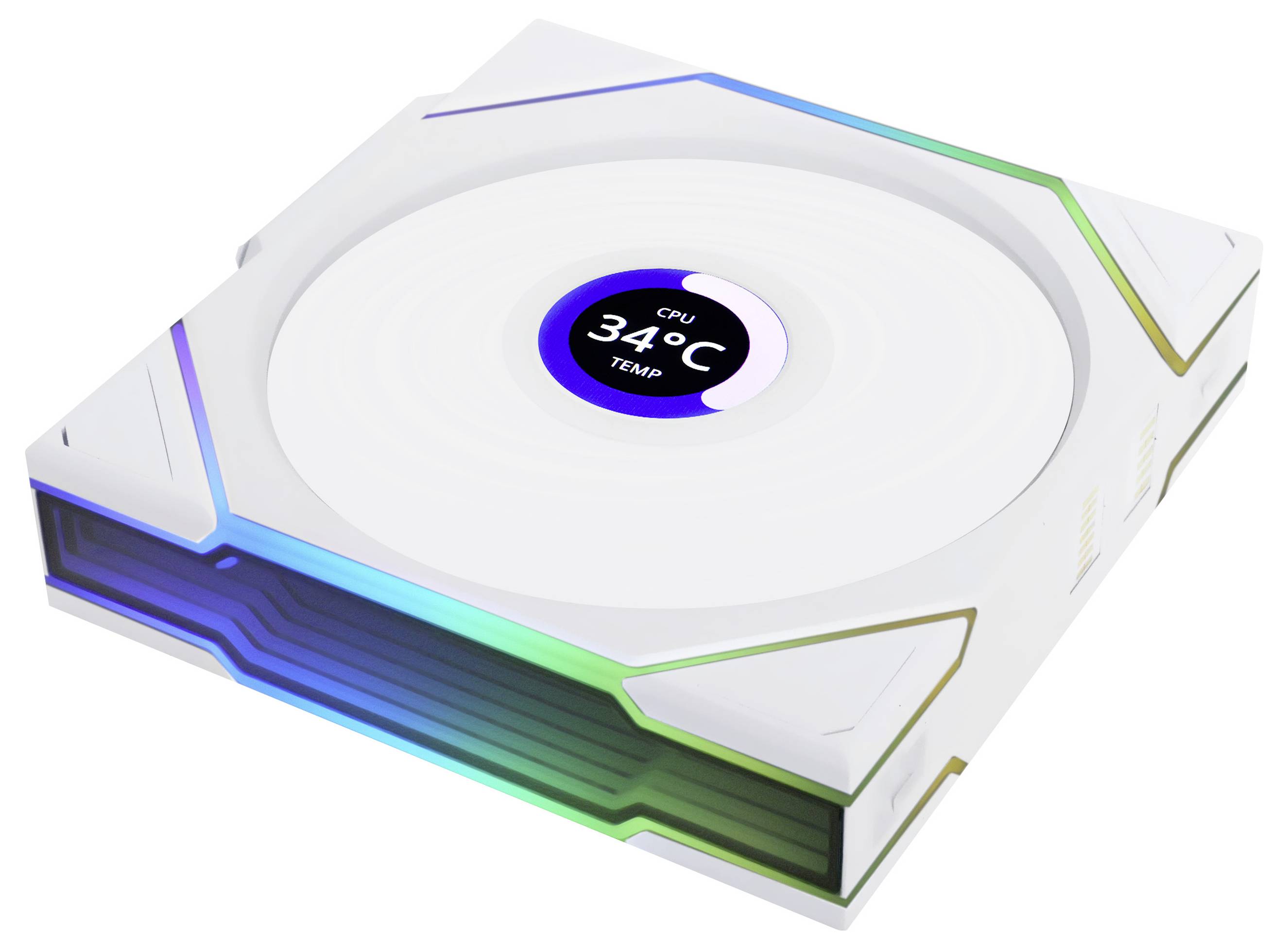 Ein quadratischer, weißer Computerprozessor-Kühler mit einem zentralen digitalen Display, das 'CPU 34°C TEMP' anzeigt und buntem LED-Licht.