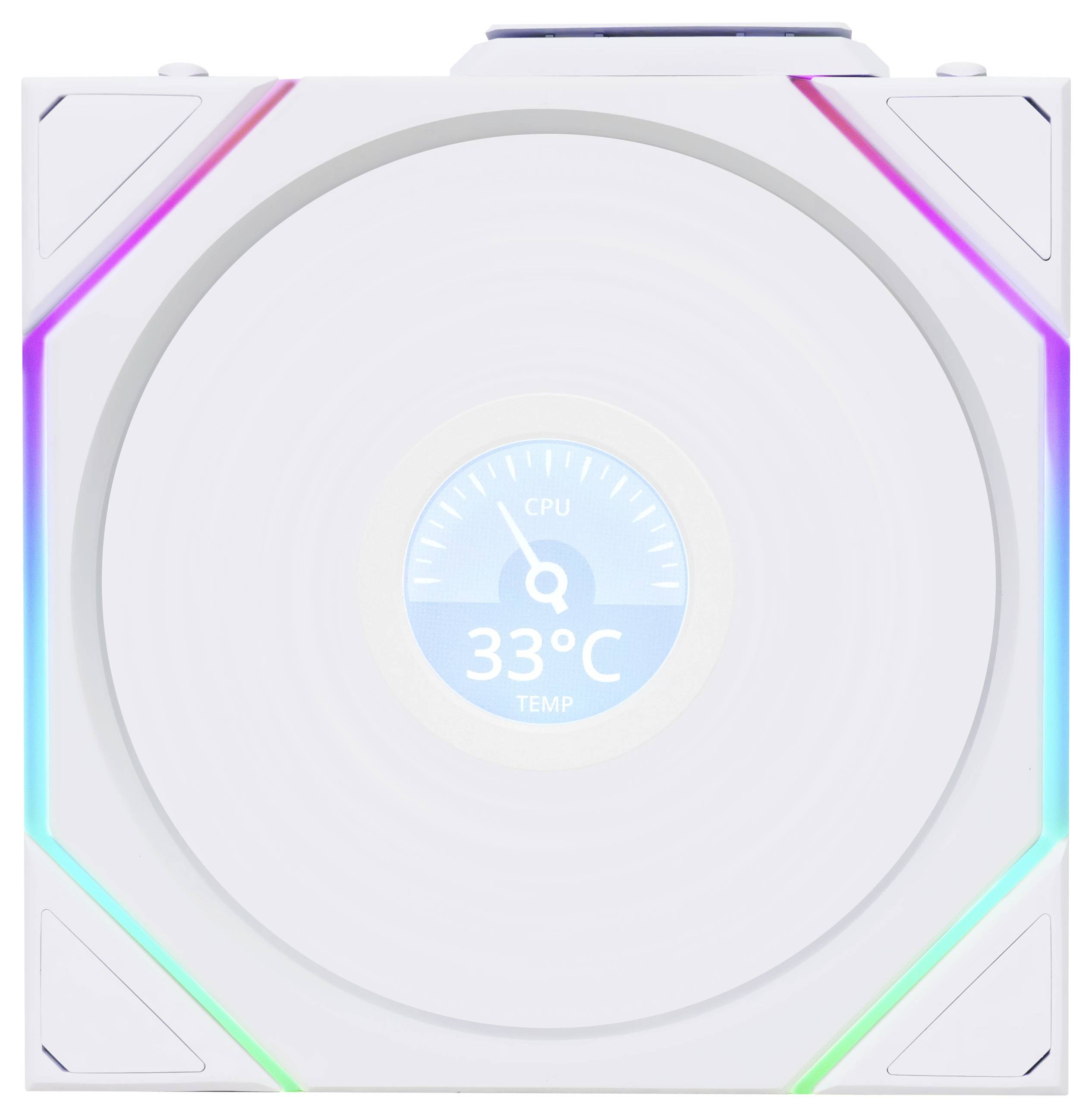Bild eines weißen Lüfters mit integrierter Anzeige, die '33°C CPU TEMP' zeigt. Bunte LED-Leisten zieren die Ecken.