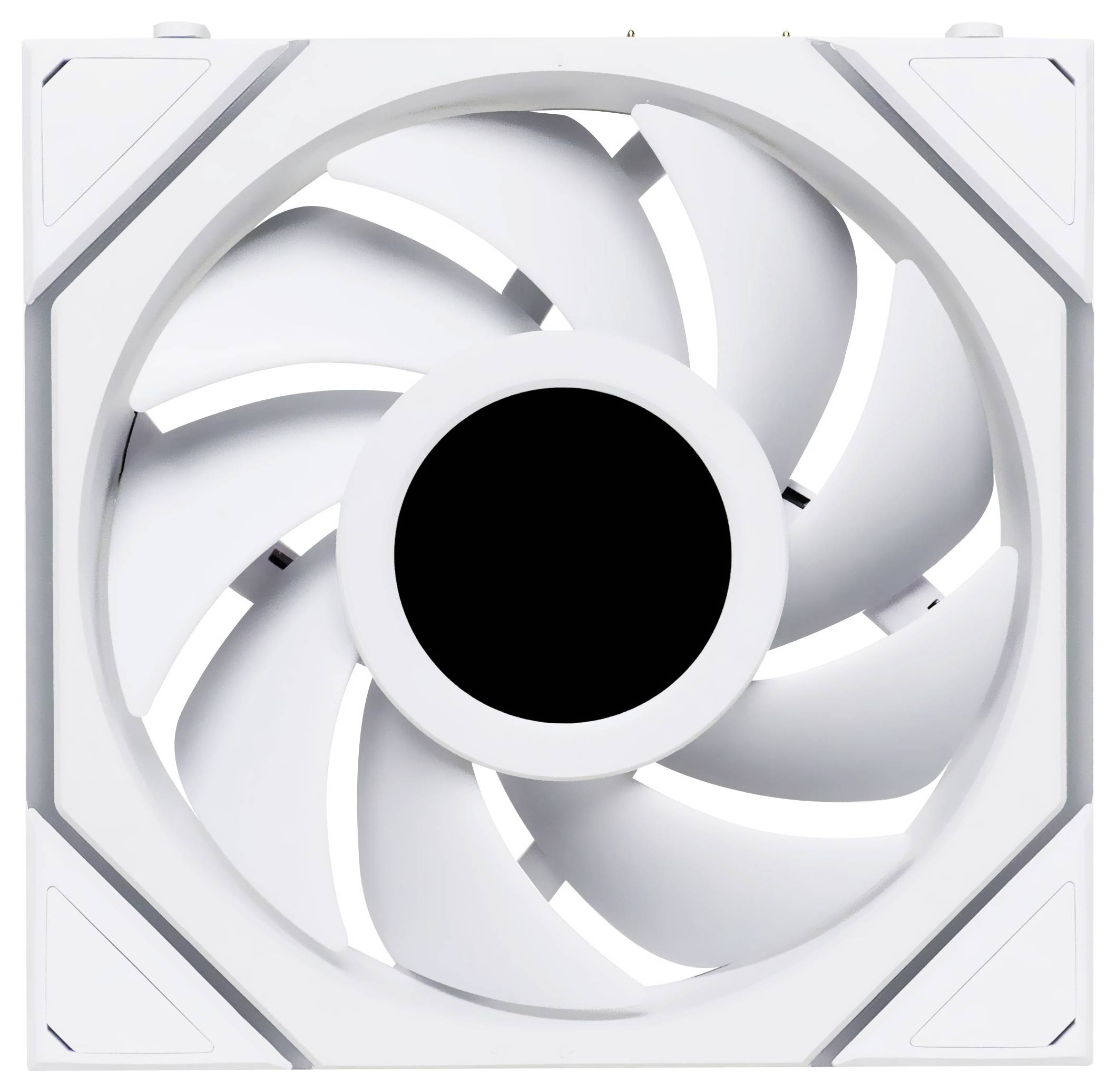 Weißer Gehäuselüfter mit neun Rotorblättern, quadratischer Rahmen, frontale Ansicht. Ideal zur Kühlung von Computergehäusen.