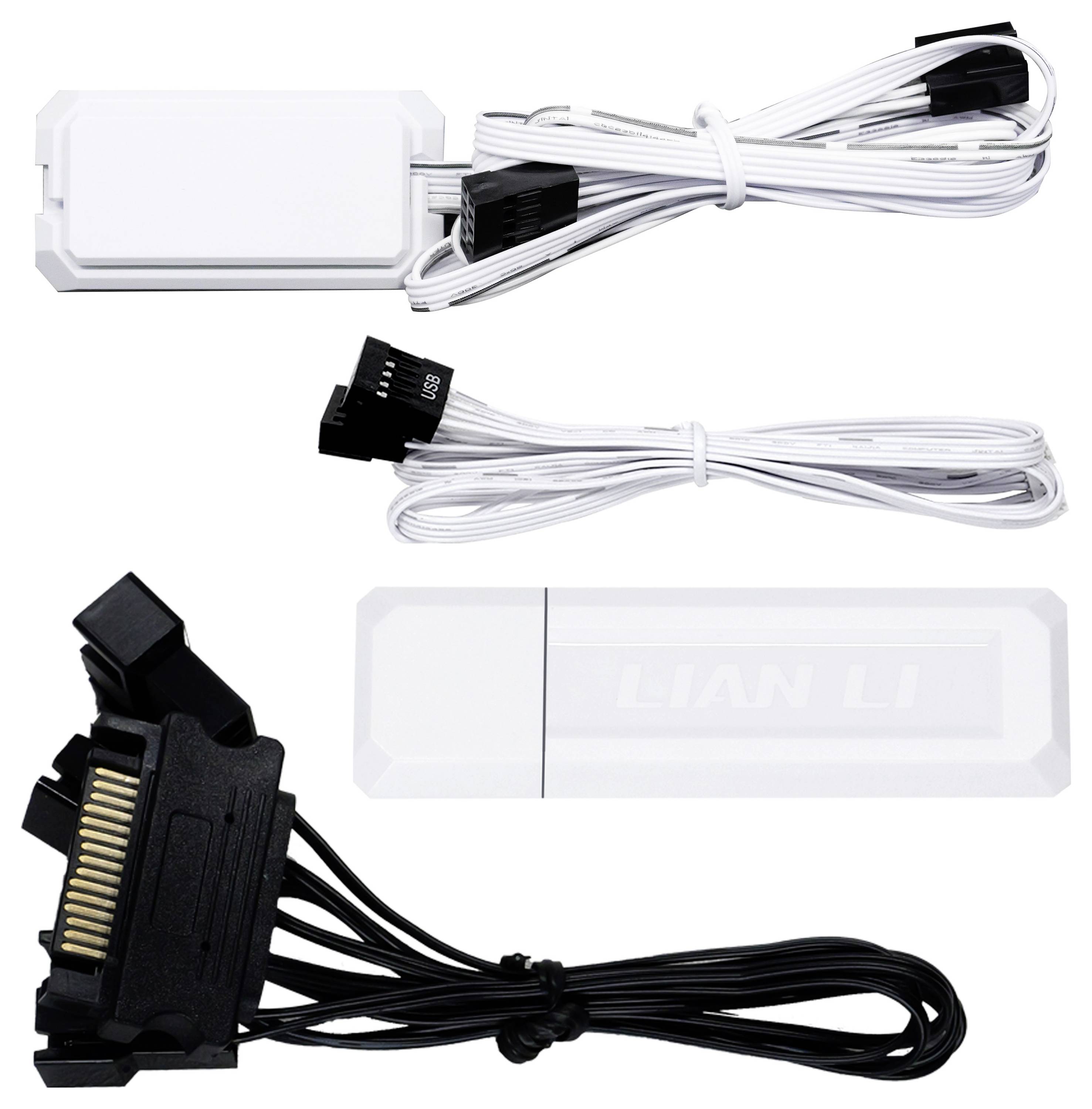 Weißer LED-Controller mit Kabeln und SATA-Anschluss für PC-Gehäusebeleuchtung. Im Lieferumfang enthalten: Steuergerät und Anschlusskabel.