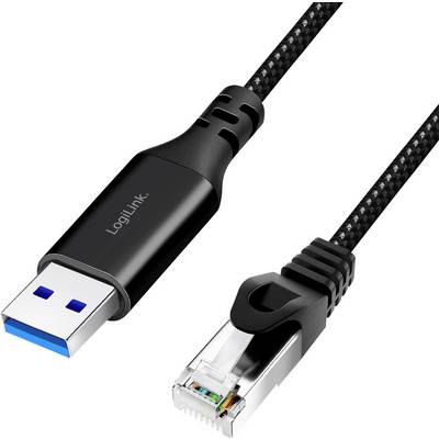 Ein schwarzes USB-3.0-auf-Ethernet-Adapterkabel mit blauen und metallischen Anschlüssen. Markenname 'LogiLink' aufgedruckt.