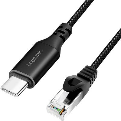 USB-C-zu-Ethernet-Adapterkabel von LogiLink mit schwarzem Gehäuse und Kabel.