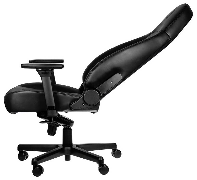 Ergonomischer Bürostuhl, schwarz, mit verstellbarer Rückenlehne und Armlehnen, zeigt seitliches Profil in geneigter Position.