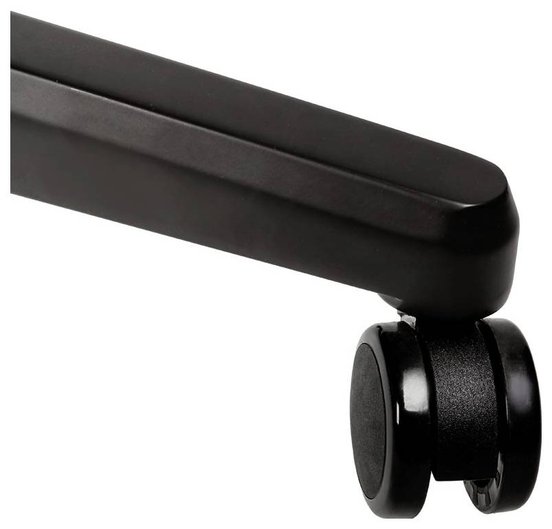 Eine schwarze Stuhlrolle mit einer dunklen, abgerundeten Stuhlbeinhalterung, die auf einer glatten Fläche steht.