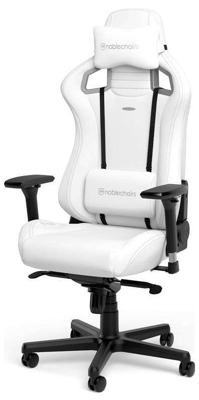 Ein weißer ergonomischer Gaming-Stuhl mit verstellbaren Armlehnen, gepolstertem Sitz und Kopfstütze, geeignet für Büro oder Gaming.
