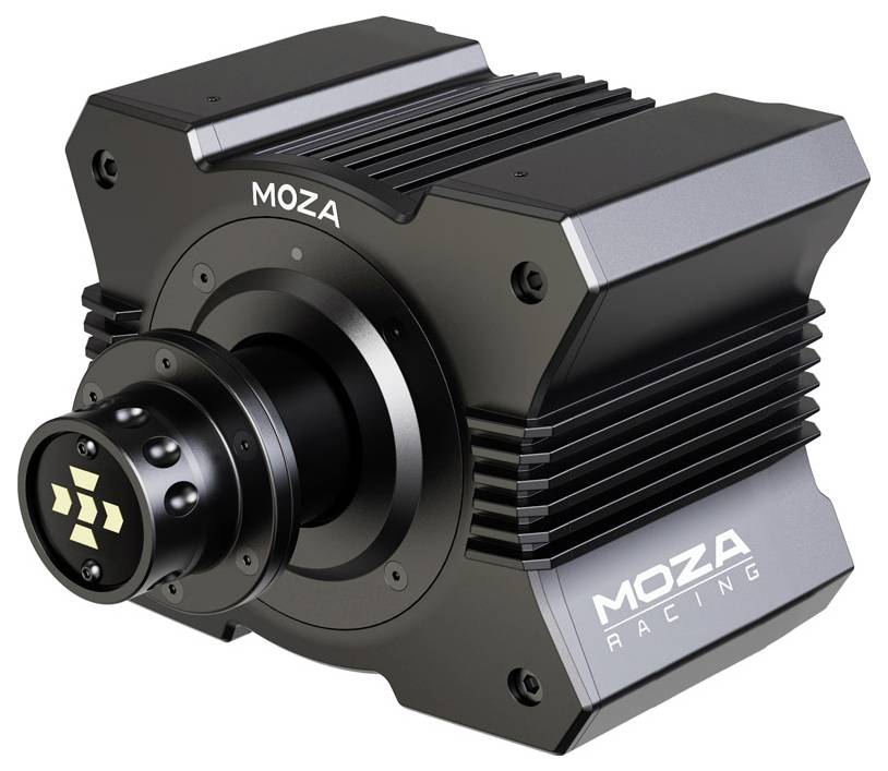 Ein Lenkrad-Base von Moza Racing mit robustem Design und Belüftungsschlitzen. Geeignet für Sim-Rennsport-Enthusiasten.