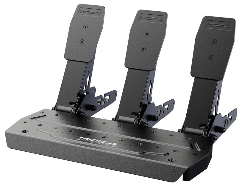 Schwarzes Set aus drei Rennpedalen für Sim-Racing. Symmetrisch angeordnet auf einem robusten, metallischen Sockel.