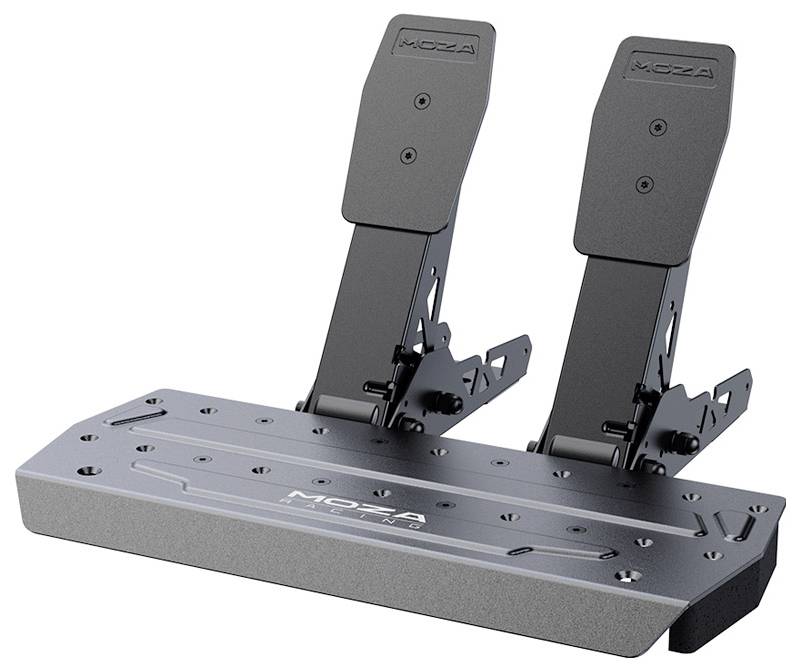 Zwei schwarze Pedale auf Metallplatte, geeignet für Rennsimulationen. Die Pedale sind robust und verstellbar, montierbar auf Sim-Racing-Rigs.