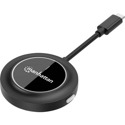 Schwarzer USB-C-Adapter mit der Aufschrift 'Manhattan', rundes Design, Kabel auf der einen Seite. Verbindet Geräte mit USB-C-Anschluss.