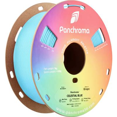 Eine bunte Filamentspule der Marke Panchroma, Farbe 'Celestial Blue'. Nettogewicht: 1 kg, Spulengewicht: 145 g. 3D-Druckmaterial.